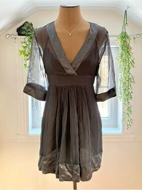 V-Neck Sheer Sleeve Midi Dress in Charcoal